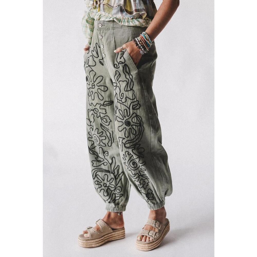 Floral Embroidered Pattern Solid Twill Jogger Pants by POL